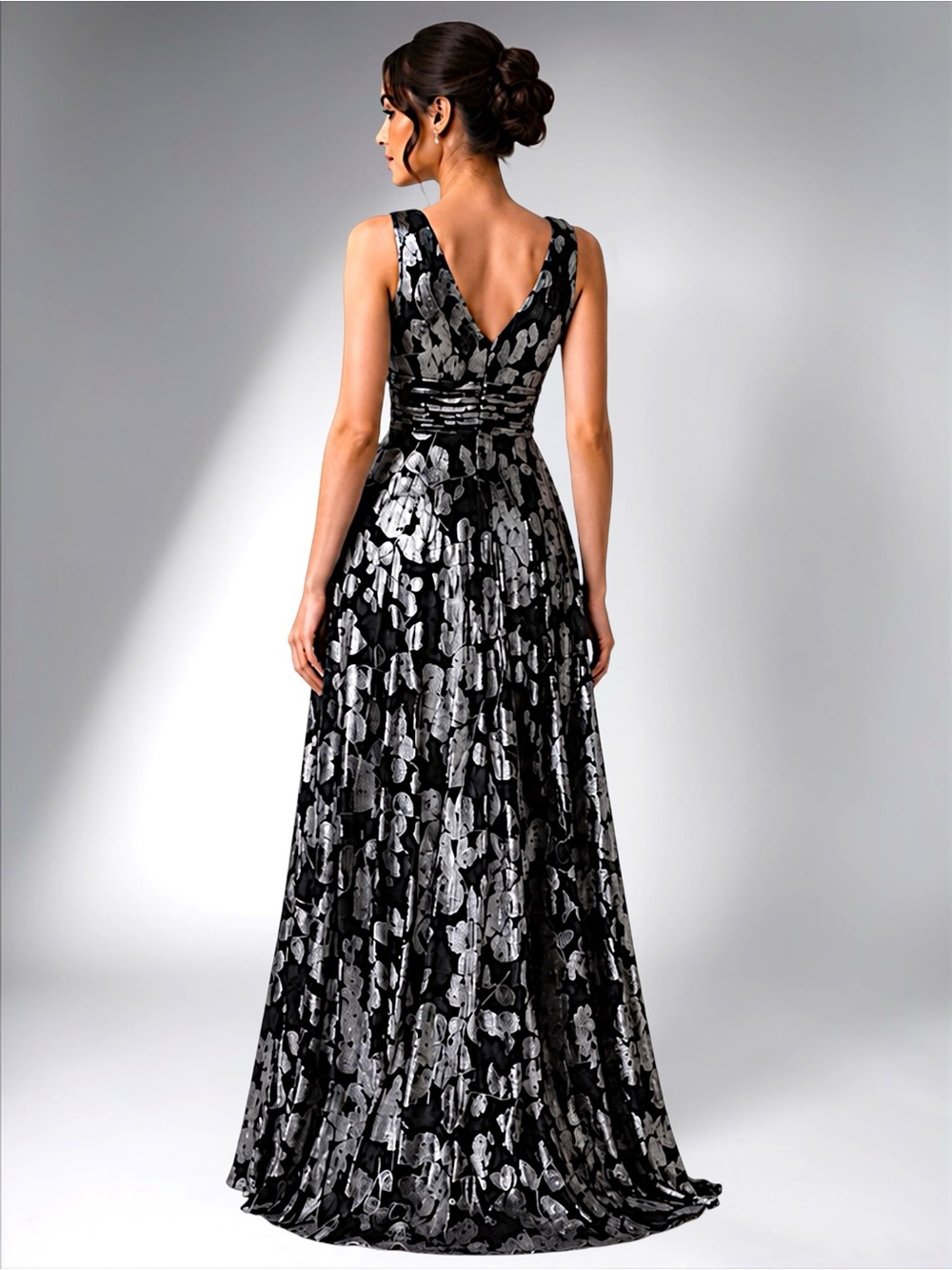 BA Nites Foil Crinkle V-Neck Evening Gown - Picture 3 of 16